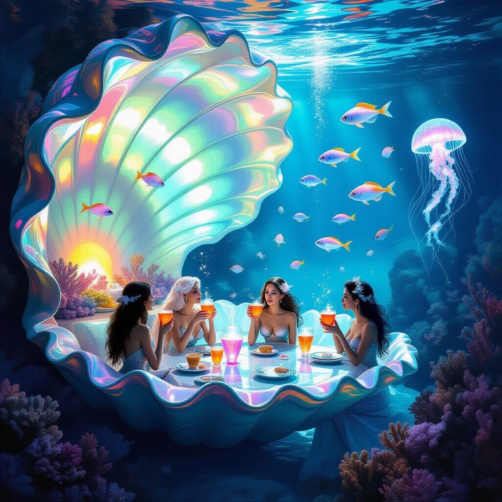 Underwater Café in Iridescent Seashell with Merfolk