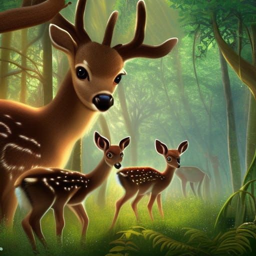 Deer Family in Jungle Children's Book Illustration