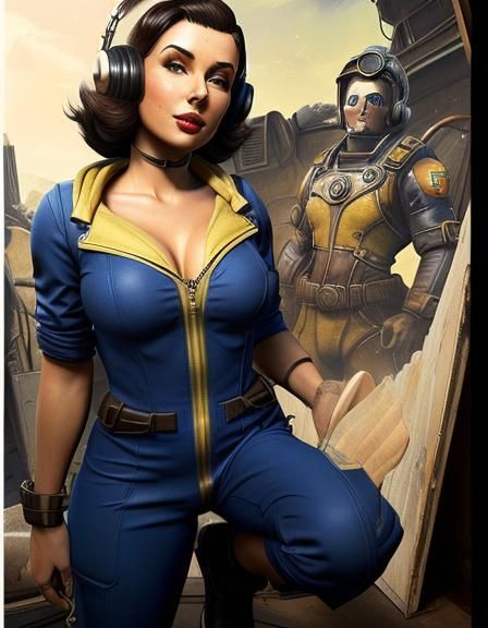 Woman wearing a Vault-Tec jumpsuit