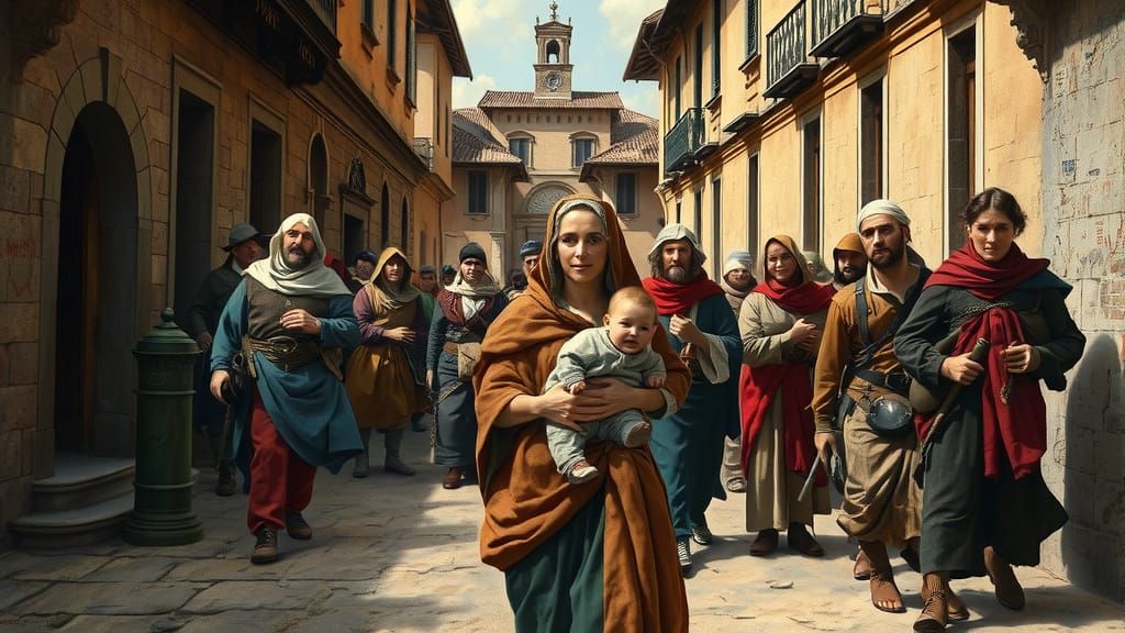 Medieval Peasants March Towards Renaissance Palaces in a Vib...