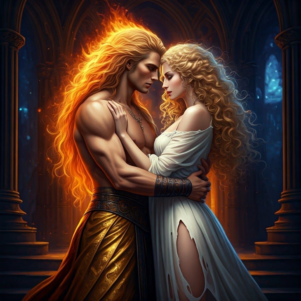 Fiery Warrior Embracing His Love in a Dark Mystical Tower
