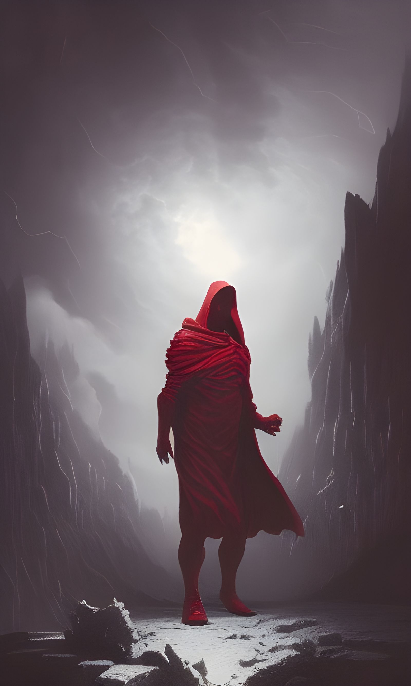 Doom Golfing: Cloaked Figure in Red Landscape