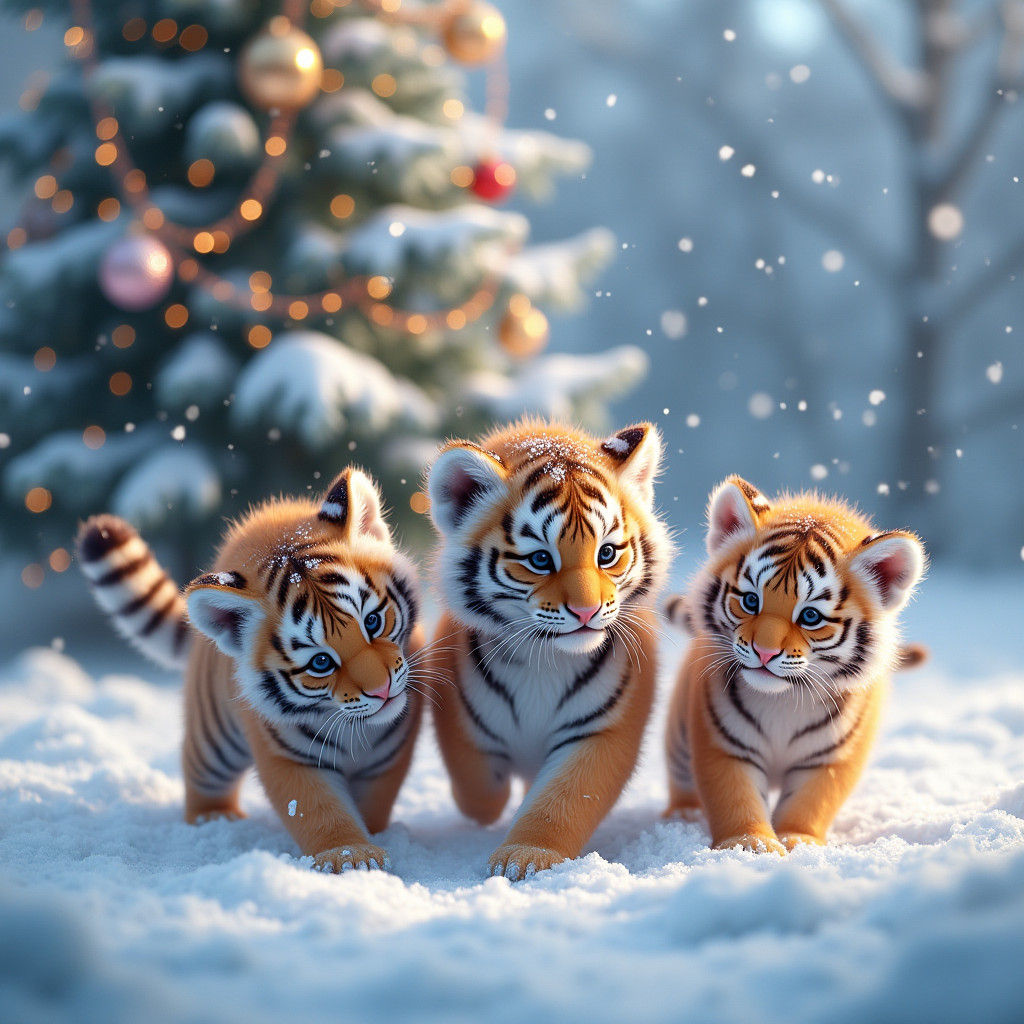 Tiger Cubs in Winter Wonderland: 3D Anime Art