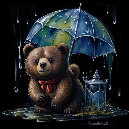 Sad Little Bear in Rain: Watercolor Illustration