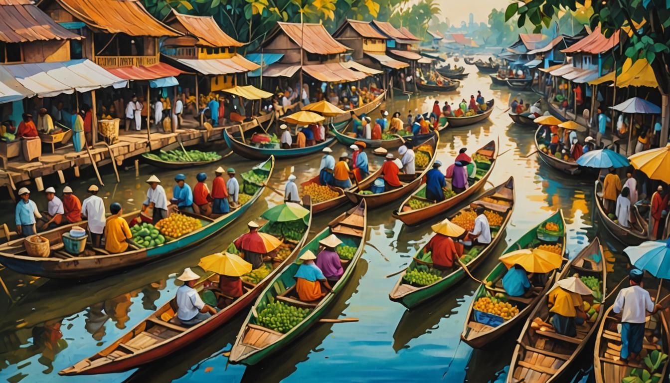 Bustling Floating Market: Vibrant Oil Painting
