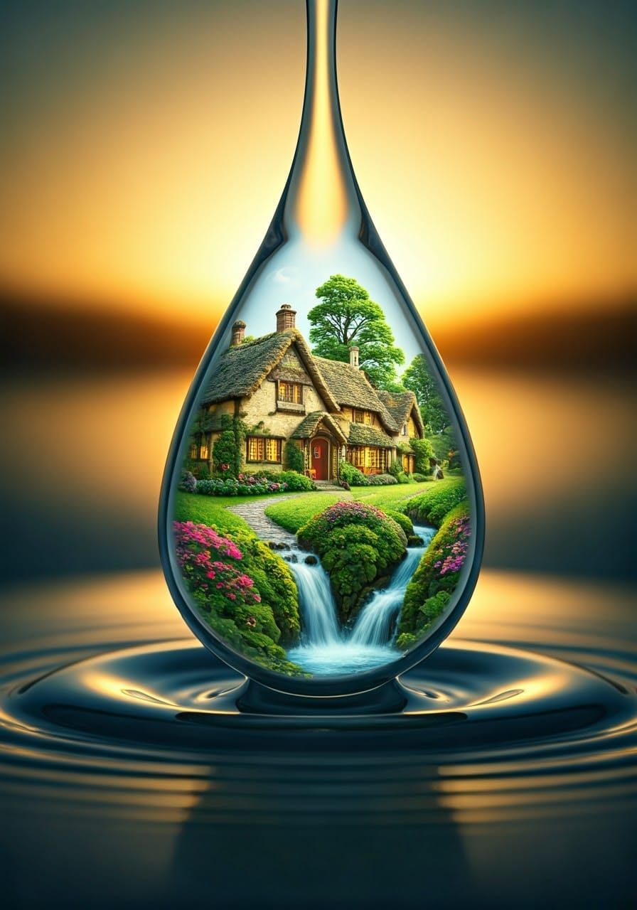 Miniature Village Inside Water Drop: Macro Photograph