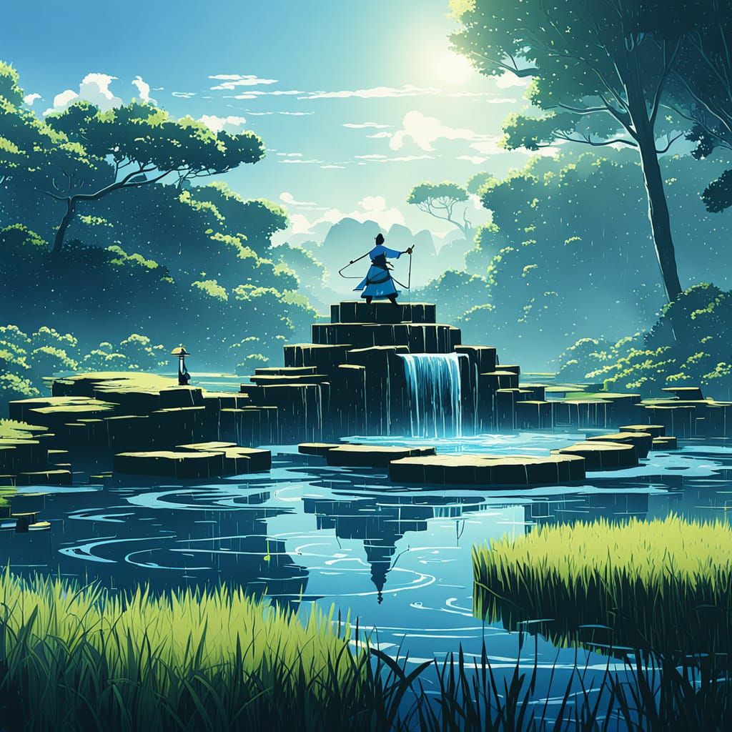 Water Bender Creates Morning Pond Sculpture in Anime Style