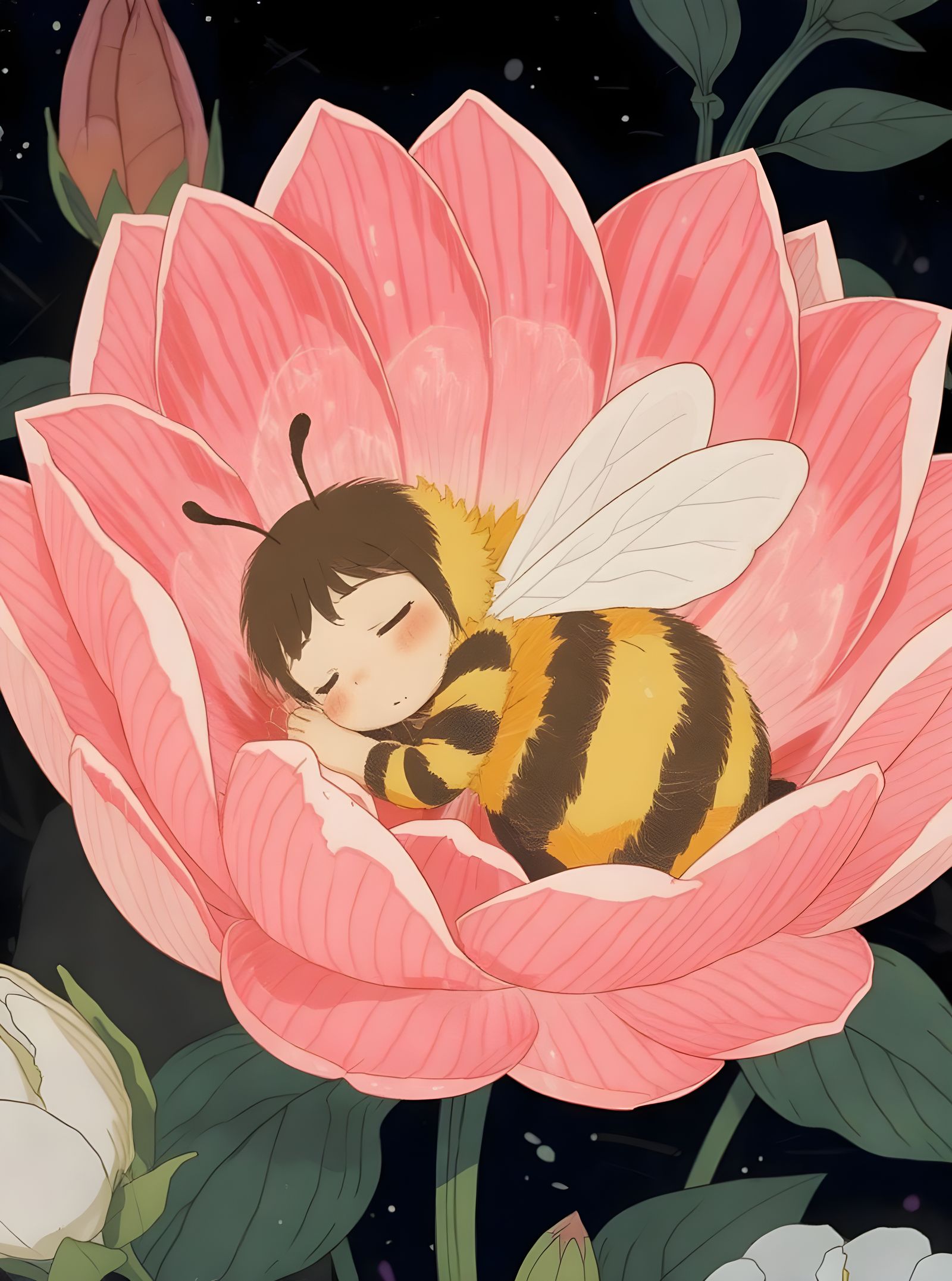 Anime Honey Bee Asleep in Flower