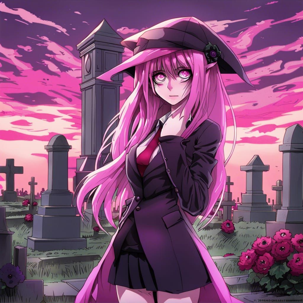 Pink Haired Reaper in Anime Style Cemetery
