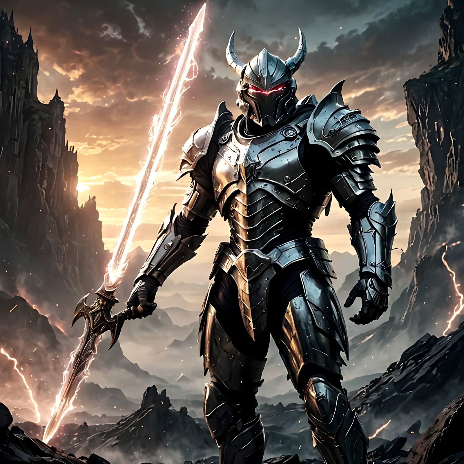 Heroic Figure with Glowing Glaive in Alien Landscape