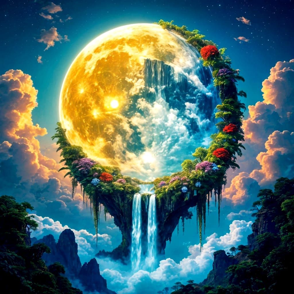 Surreal Moon Habitat: Lush Vegetation and Waterfalls