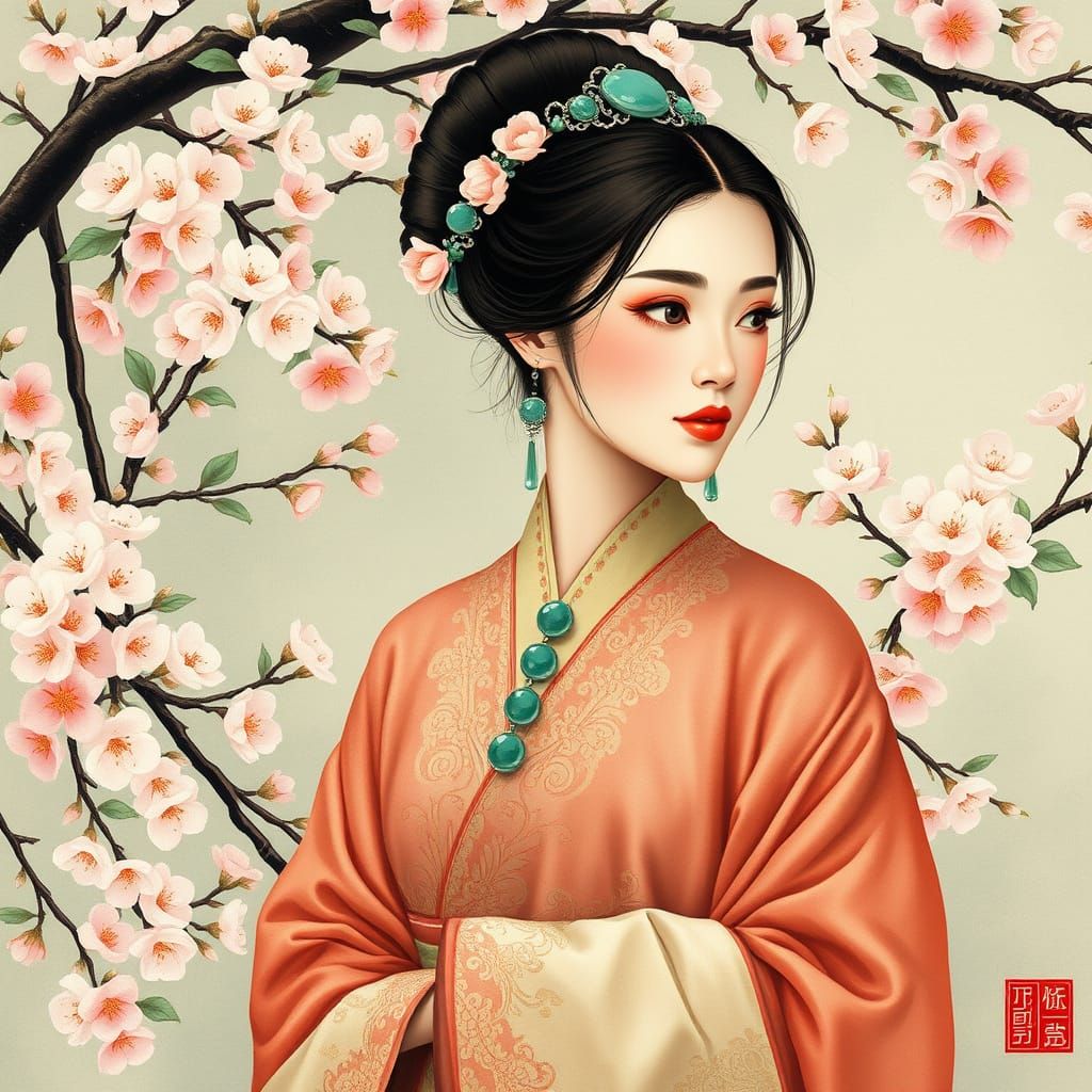 Elegant Woman in Tang Dynasty Attire Among Cherry Blossoms