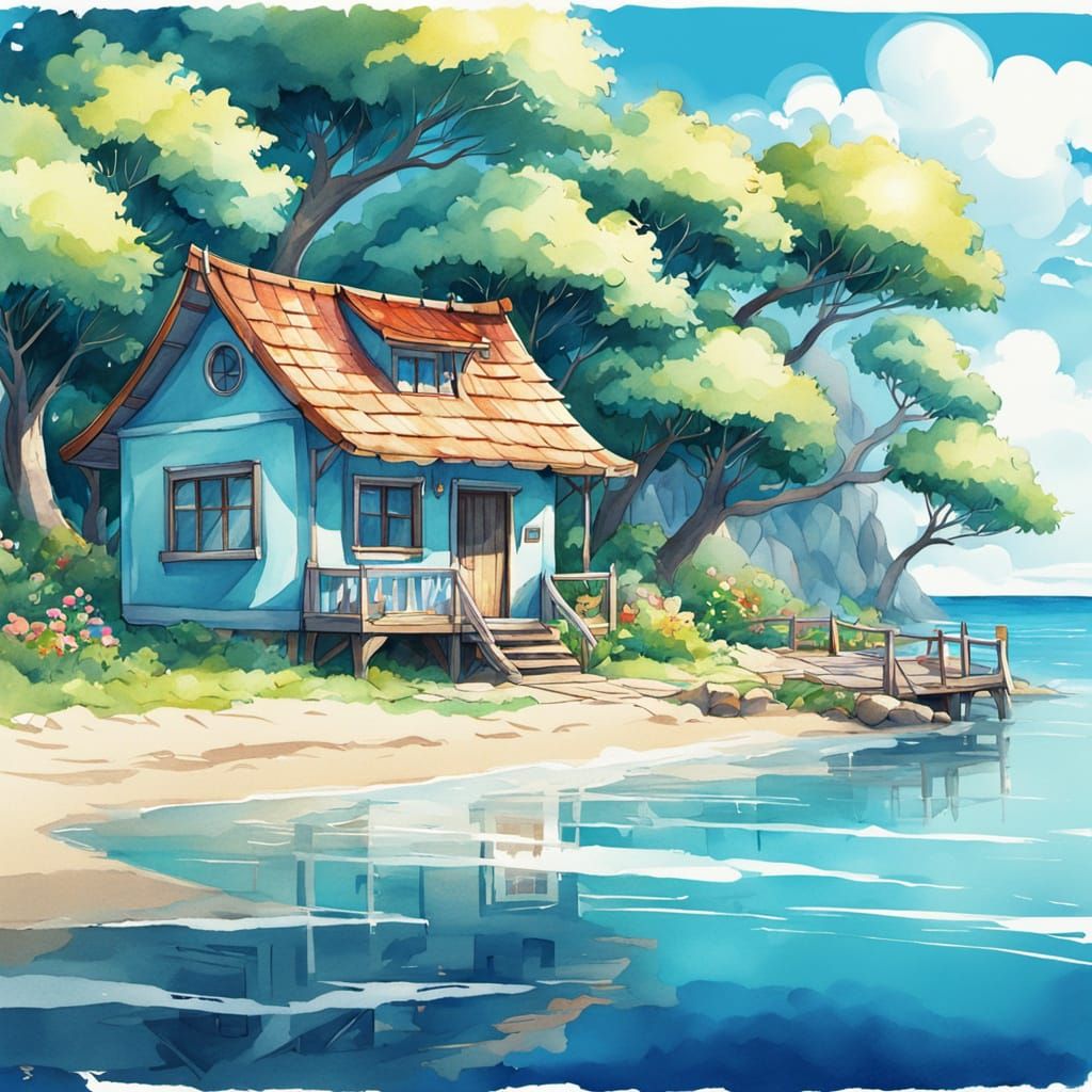 Whimsical Seaside Cottage in Vibrant Watercolor