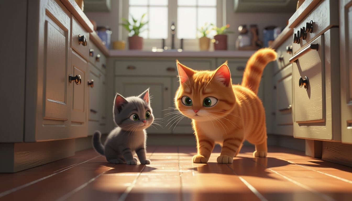 Orange Cat & Kitten Ninja Kitchen Caper in 3D Cartoon Style