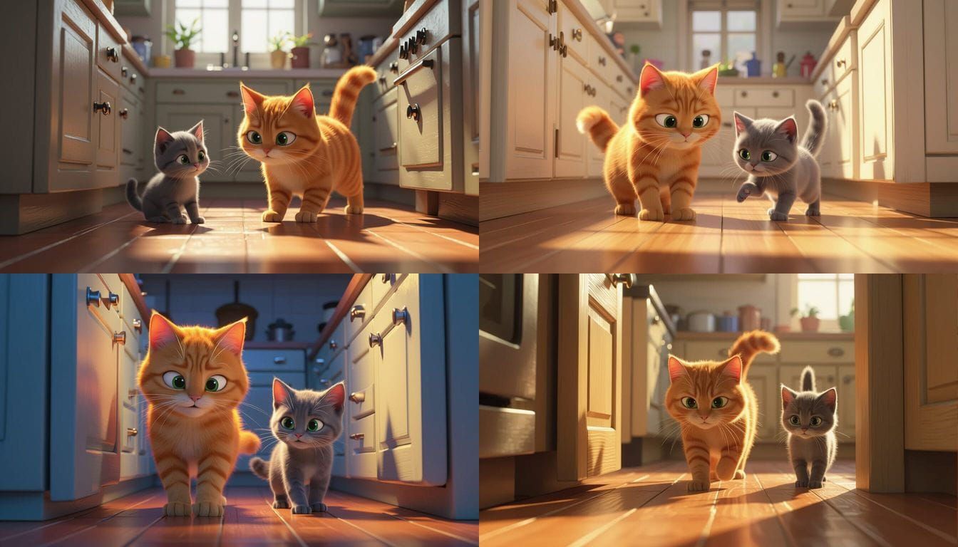 Orange Cat and Kitten as Furry Ninjas in Kitchen