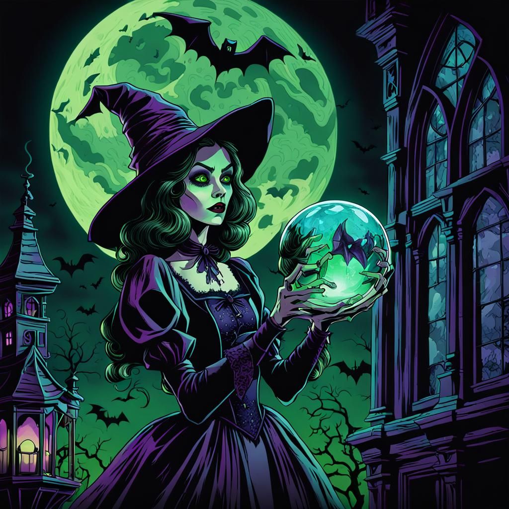 Stylized Gothic Witch with Crystal Ball, Dark Fantasy Art