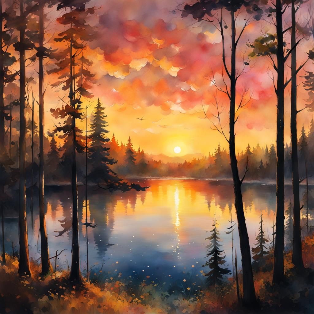 Golden Sunset Lake: Watercolor Digital Painting