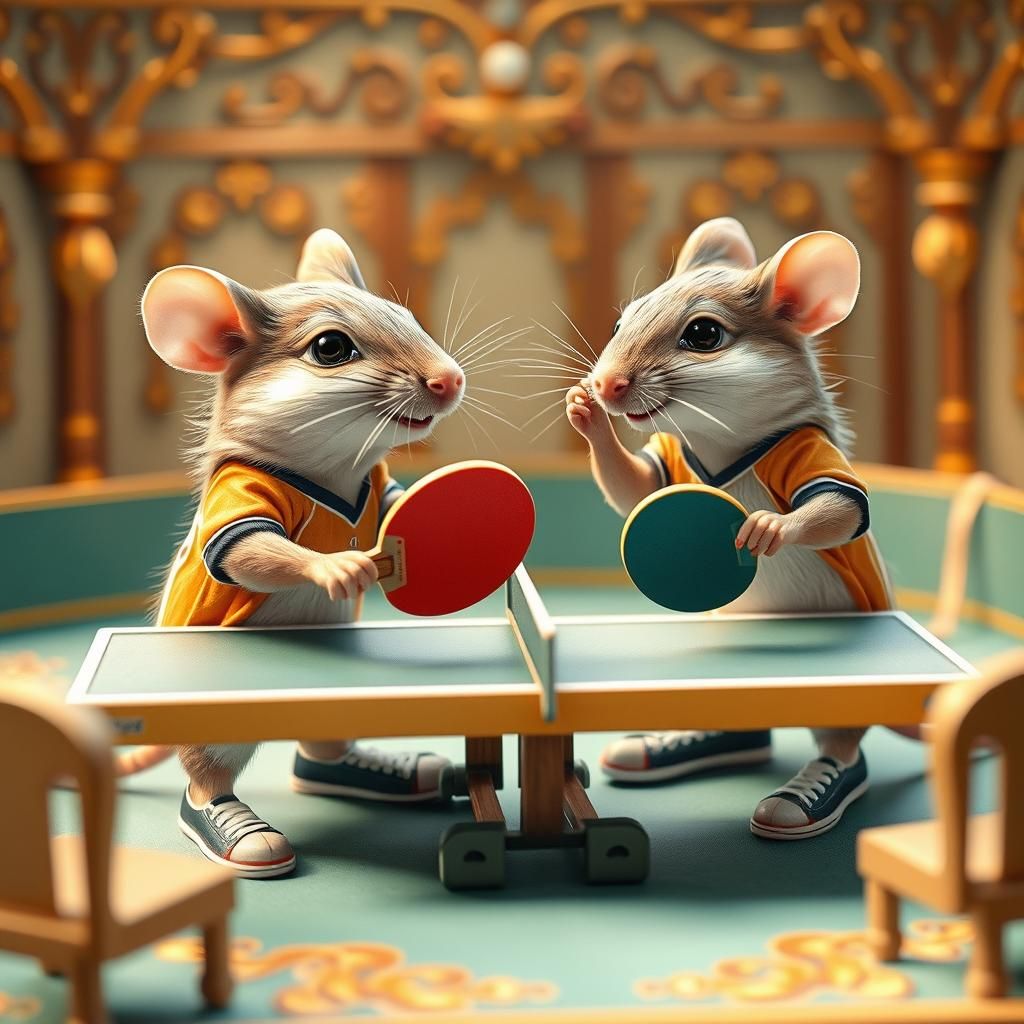 Mice Play Ping Pong in Watercolor Diorama