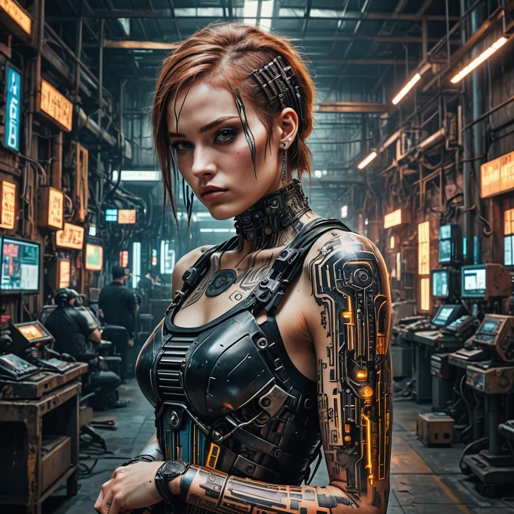 Cyberpunk Cyborg with Barcode Tattoo in Factory