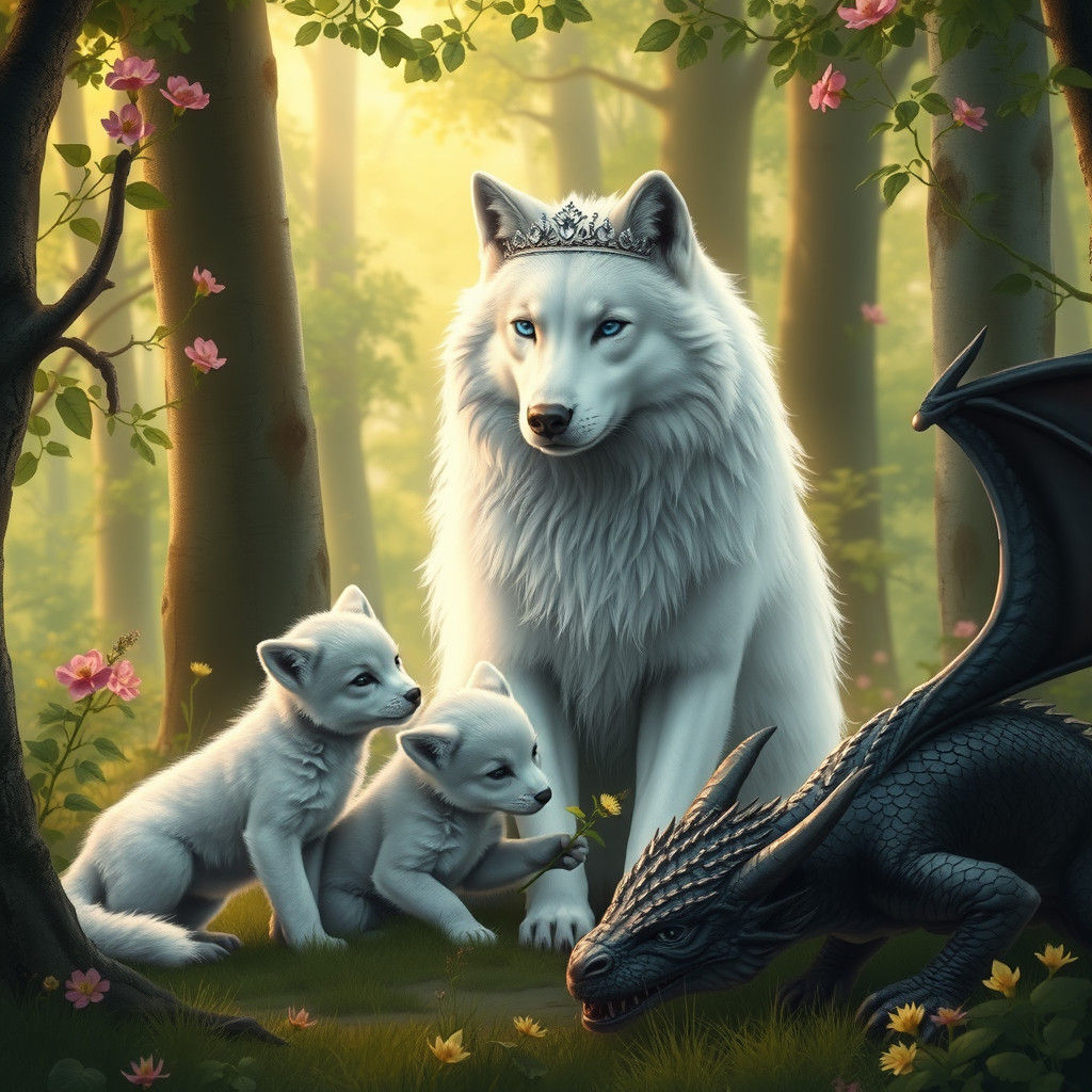 Wolf Cat King with Cubs in Enchanted Forest
