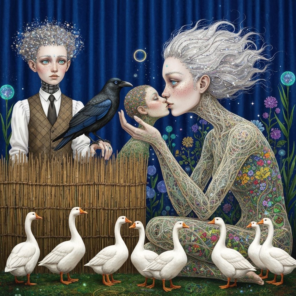 Folkloric Robot and Twins in Surreal Eco-Art Garden