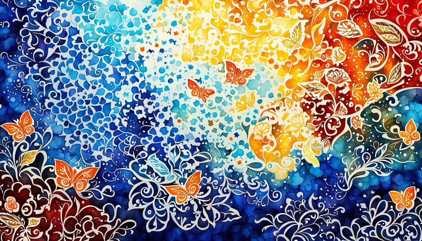 Abstract Expressionist Painting with Batik and Floral Motifs