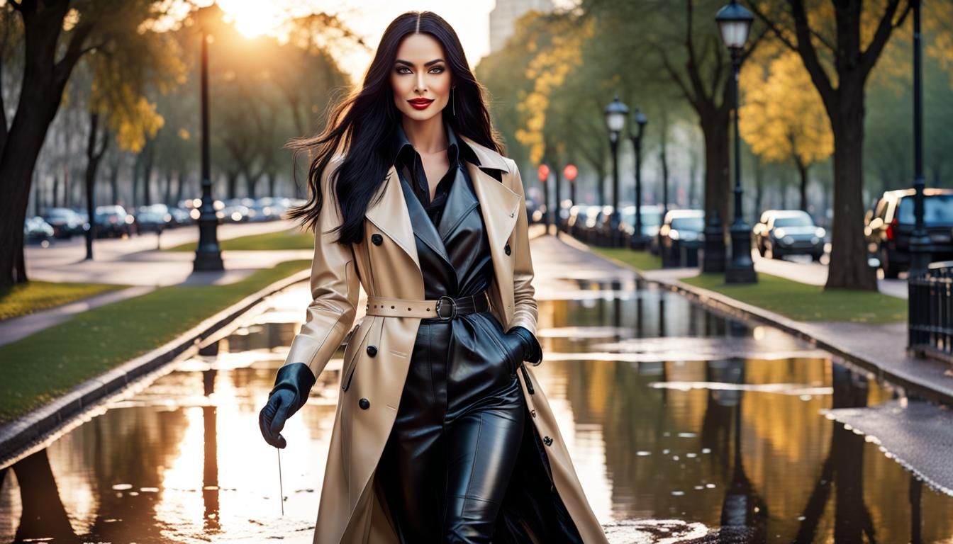 Beautiful Woman in Leather Walking in Park at Sunset