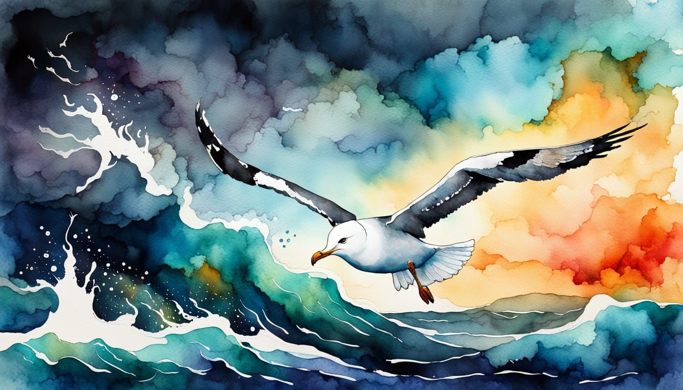 Seagull Soaring Over Stormy Sea in Watercolor Style