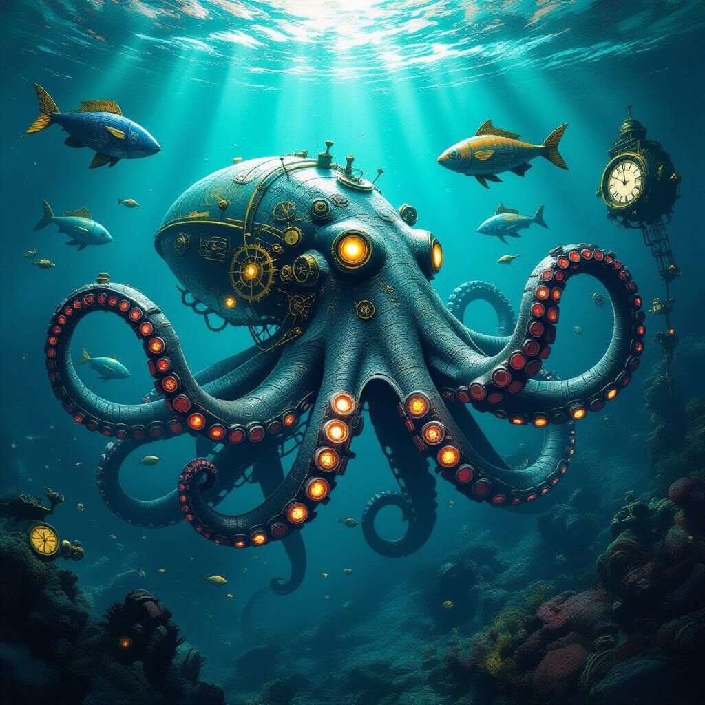 Steampunk Kraken Emerges from Digital Ocean Depths