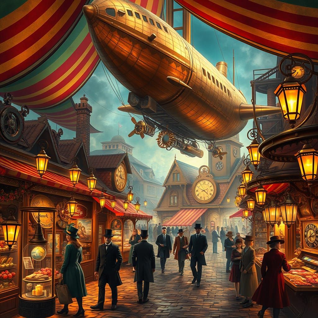 Elegant Steampunk Market Square Unfolds under Vibrant Canopy