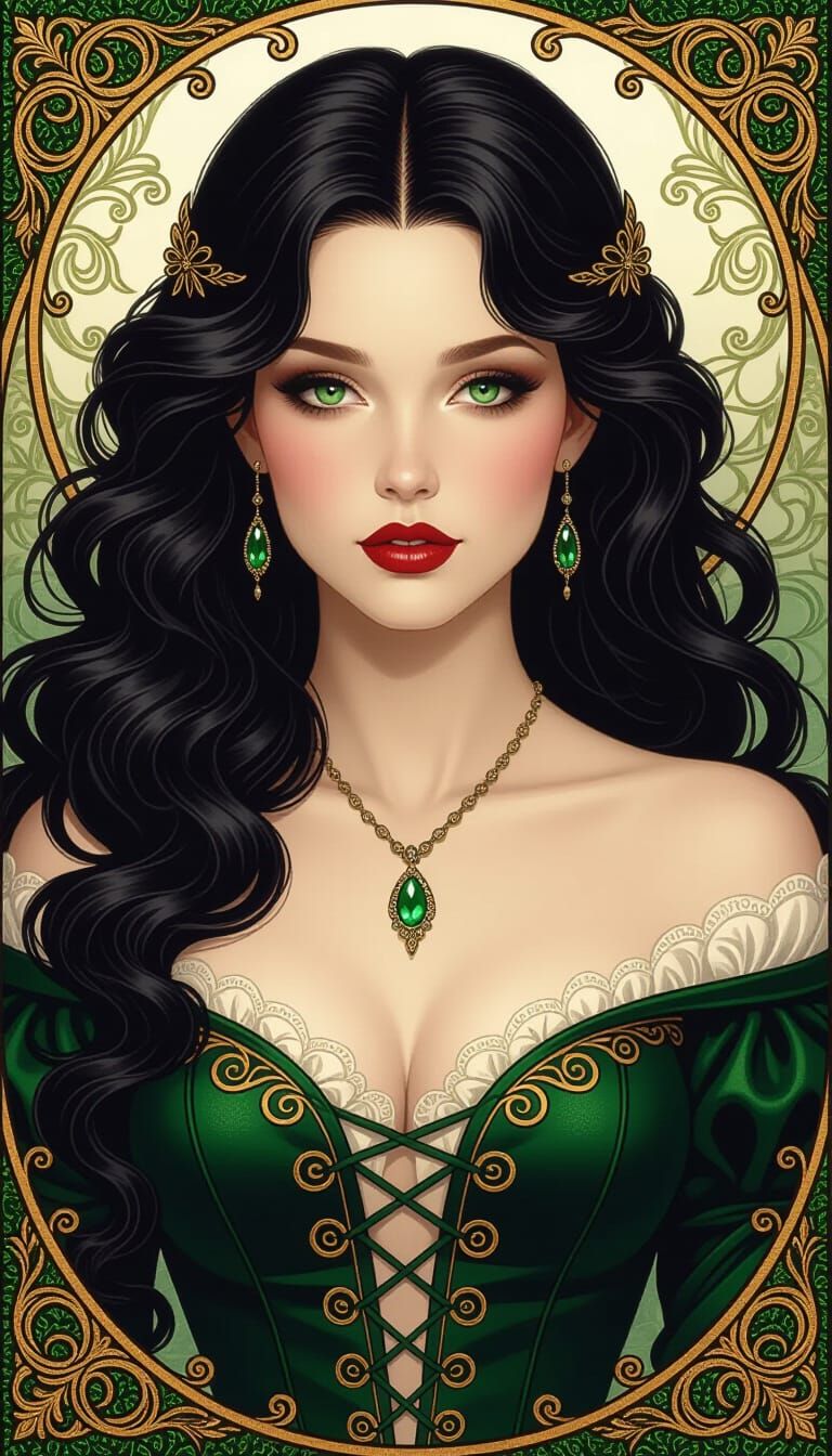 Mystical Celtic Maiden in Jade Gown, Digital Art
