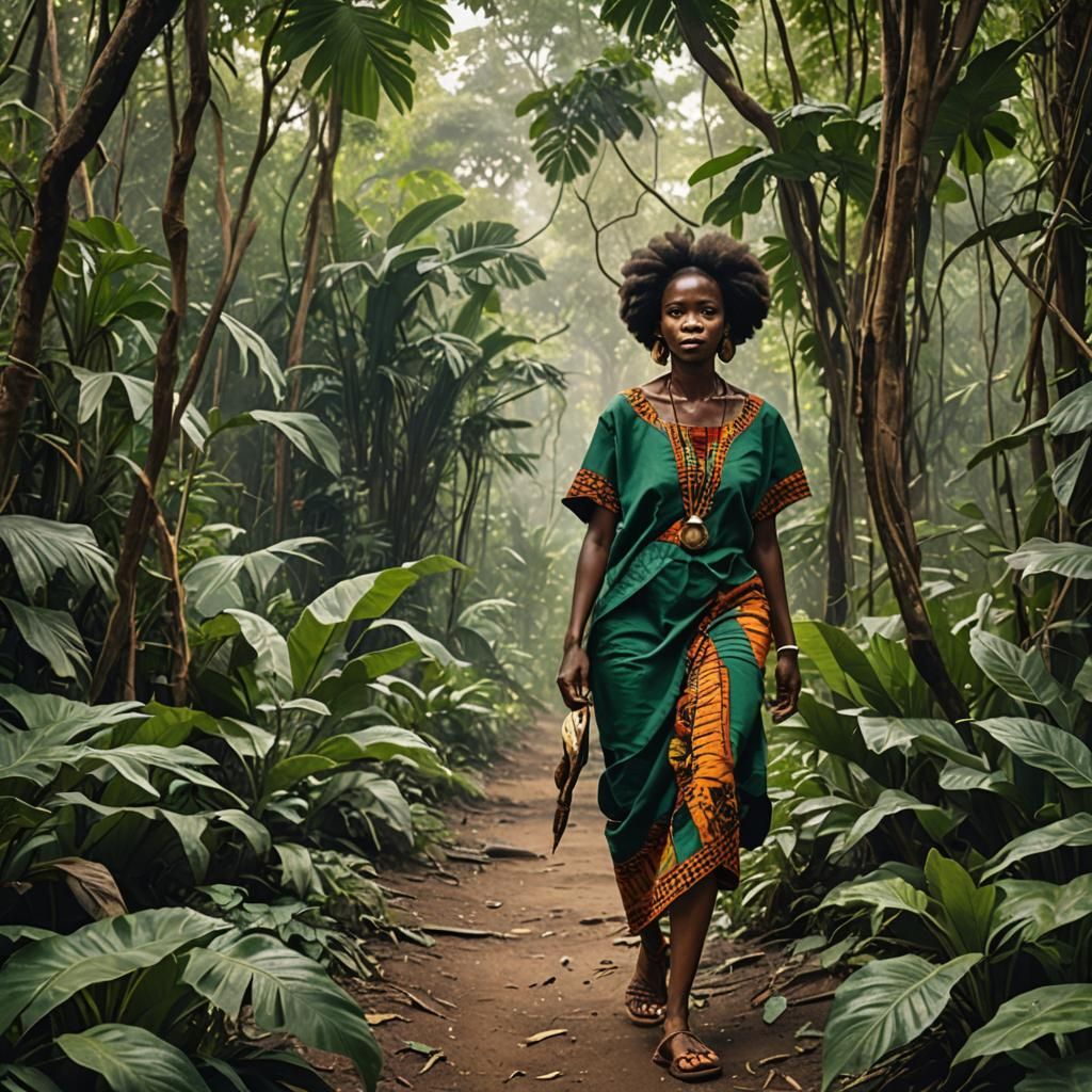 African Woman Walks Through Lush Jungle