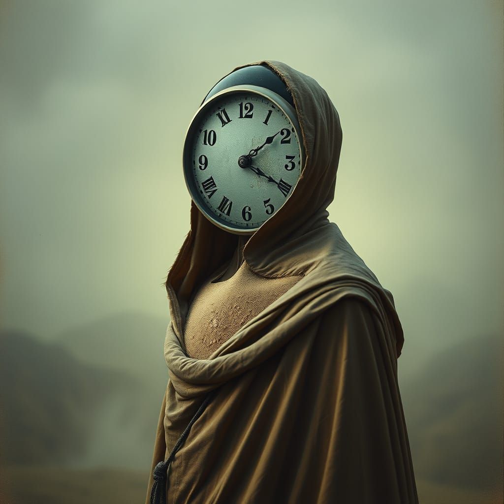 Surreal Faceless Figure with Melting Clock