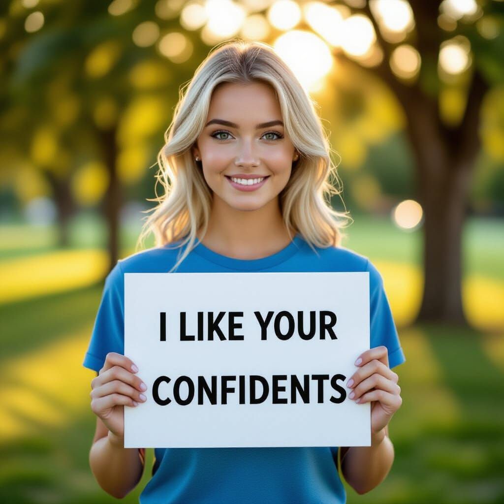 Woman Holds Sign in Sunny Park, Realistic Photo Style