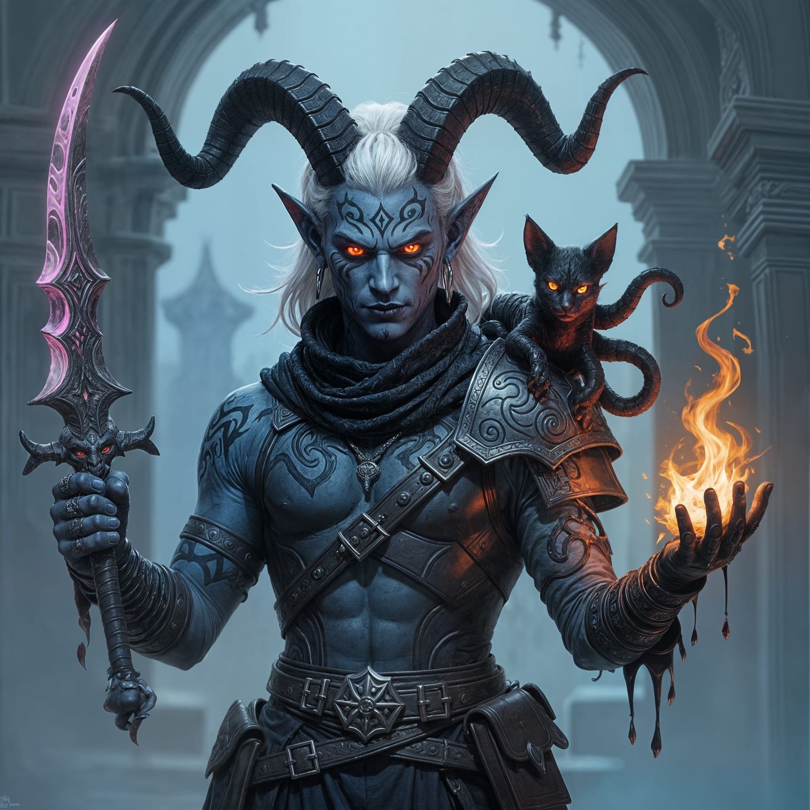 Tiefling Warlock Fighter with Glowing Scimitar