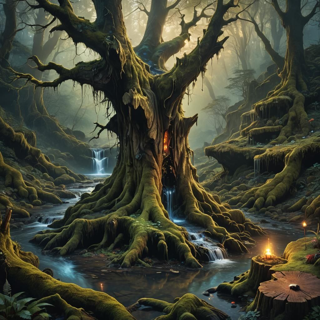 Mystical Forest: Ancient Tree Stump and Fairy Waterfall