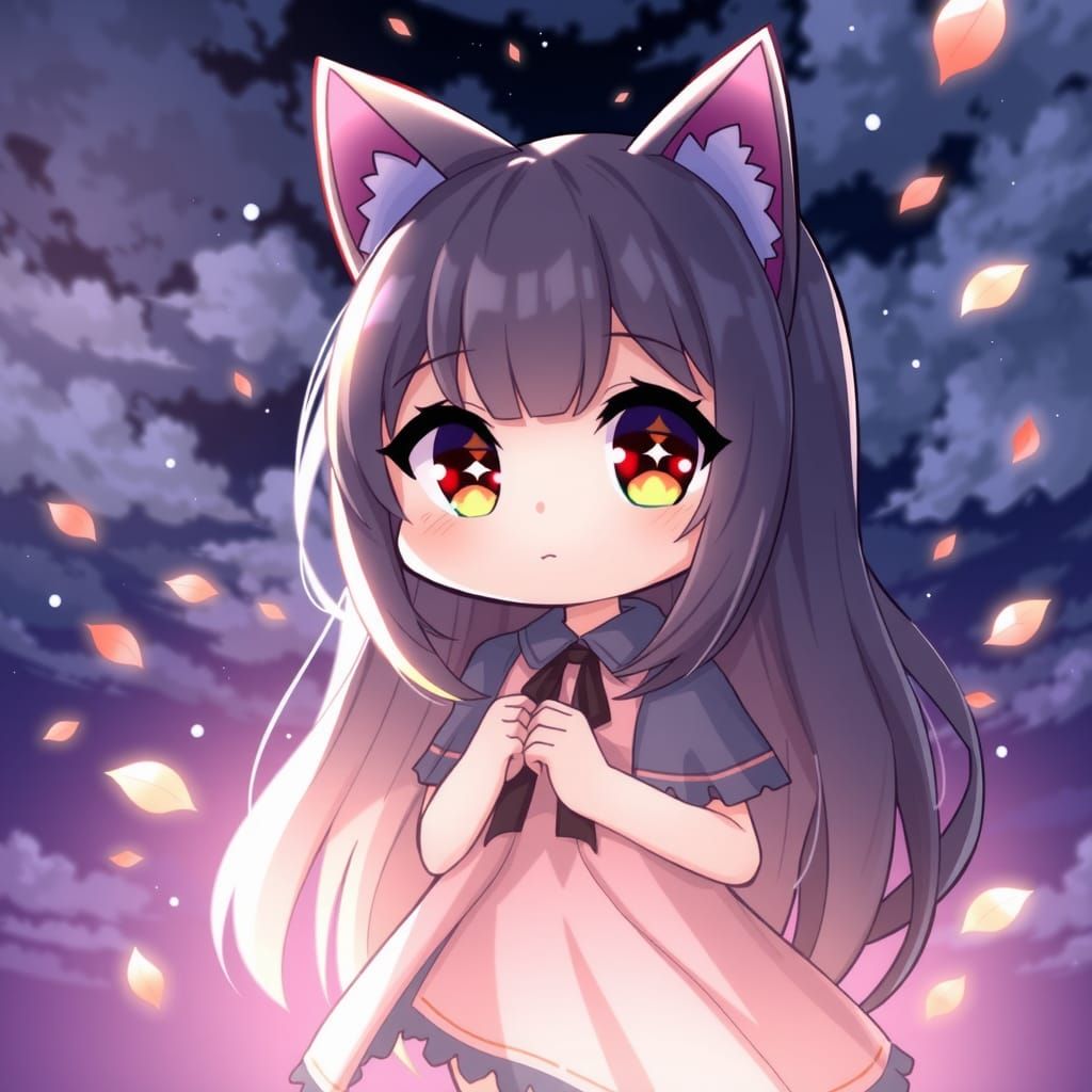 Chibi Catgirl with Cat Ears in Cloudy Night
