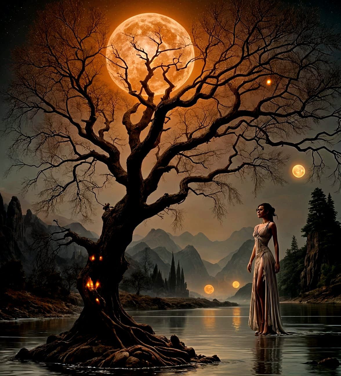 Surreal Woman Walks on Water Under Orange Moon