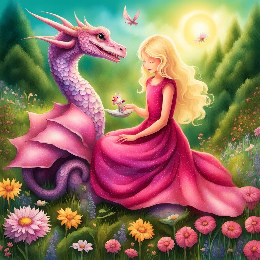 Girl and Dragon in Sun-Dappled Meadow