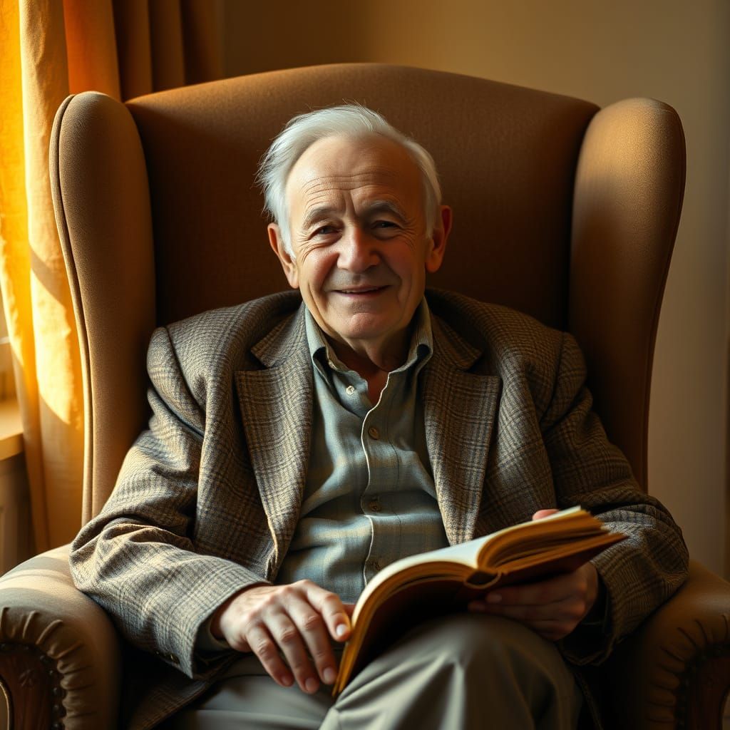 Warm Portrait of a Gentle 90-Year-Old Man in Classic Tweed J...