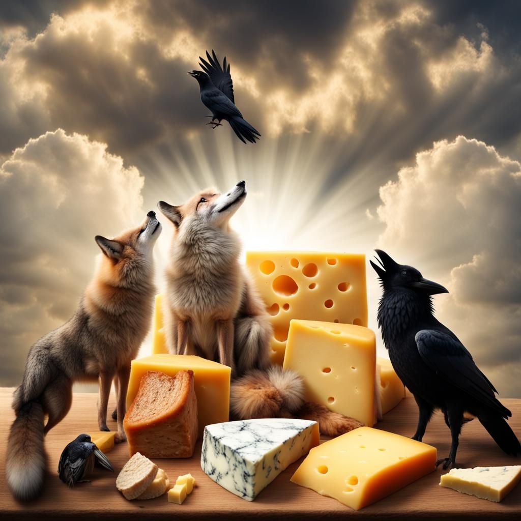 Wolf, Fox, and Raven Dividing Cheese in Sunlight