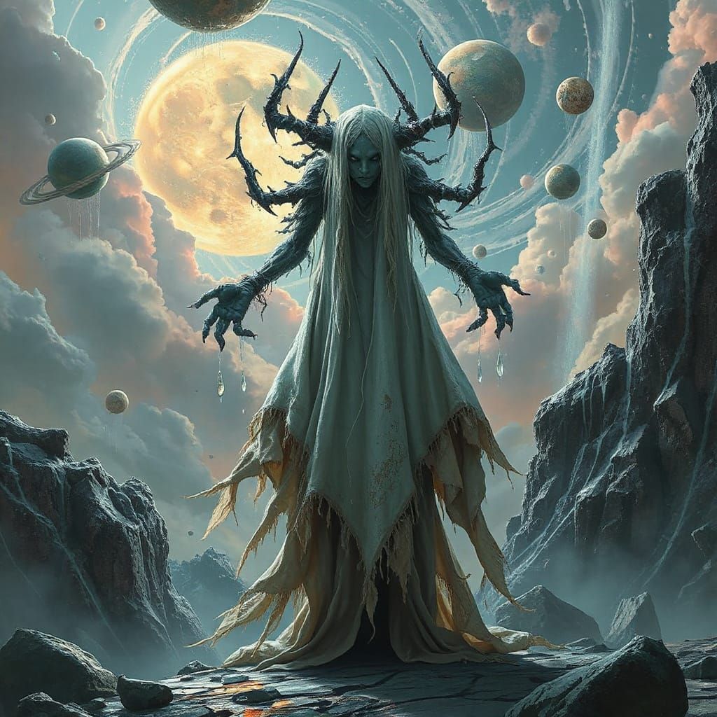 Haunting Entity in Shattered Sky-Realm, Ethereal Robes