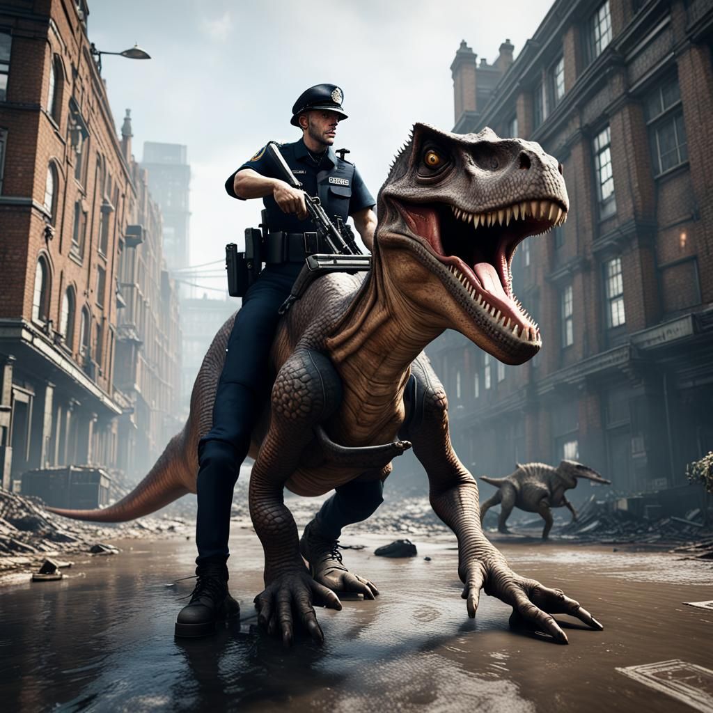 Dinosaur-Riding Cop Patrols Post-Apocalyptic London