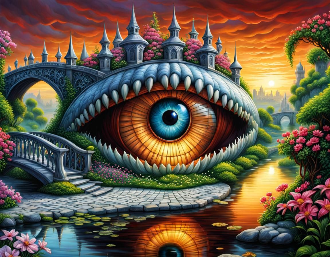 Surreal Eye Bridge in Lush Fantasy Landscape