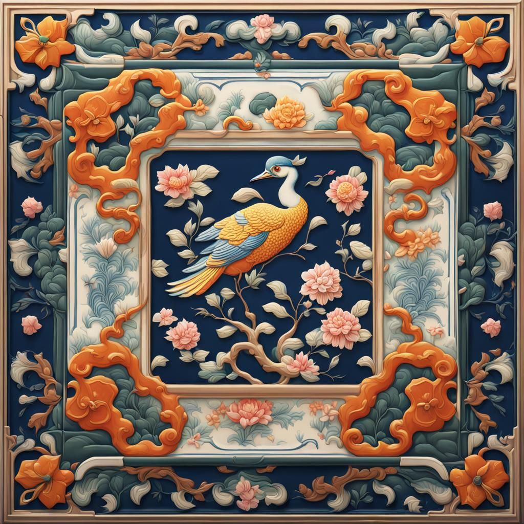 Vintage Chinoiserie Ceramic Tile Art