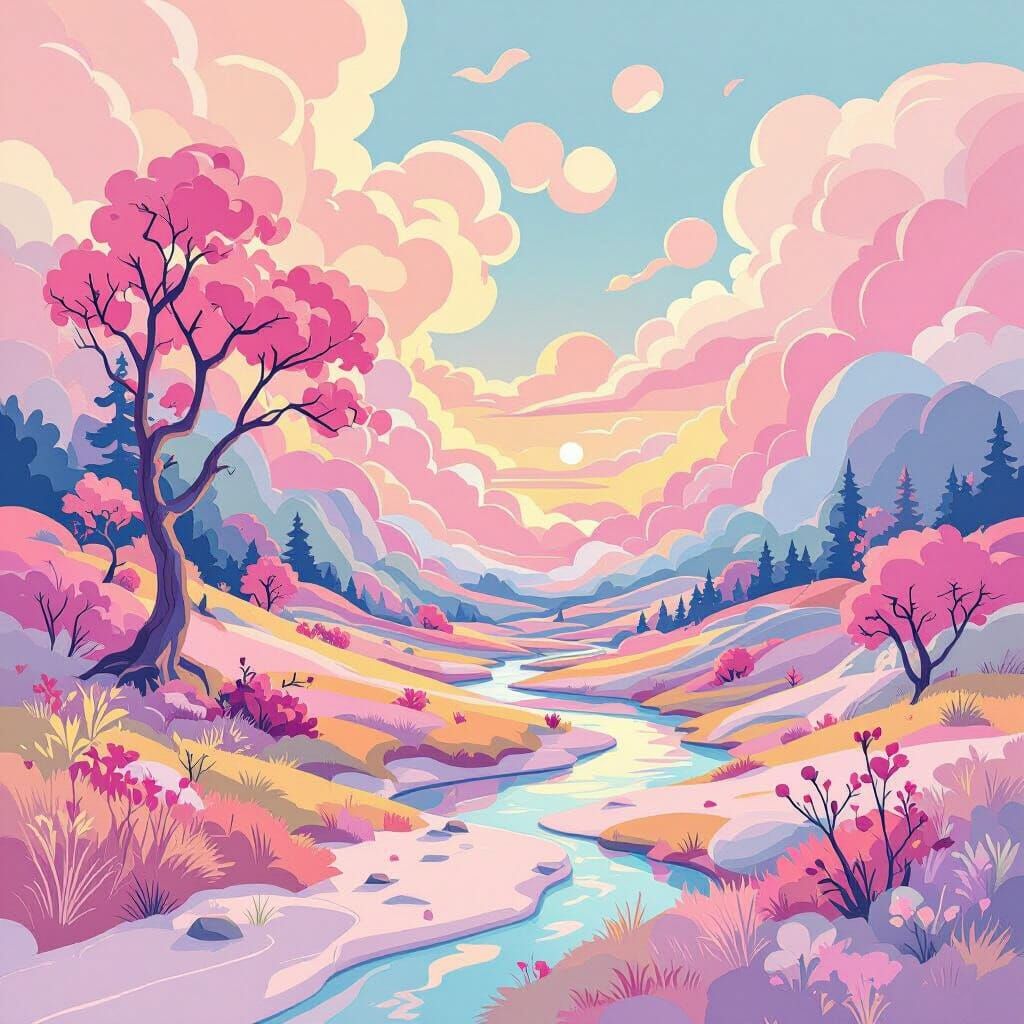 Vibrant Pastel Abstract Landscape with Swirling Shapes