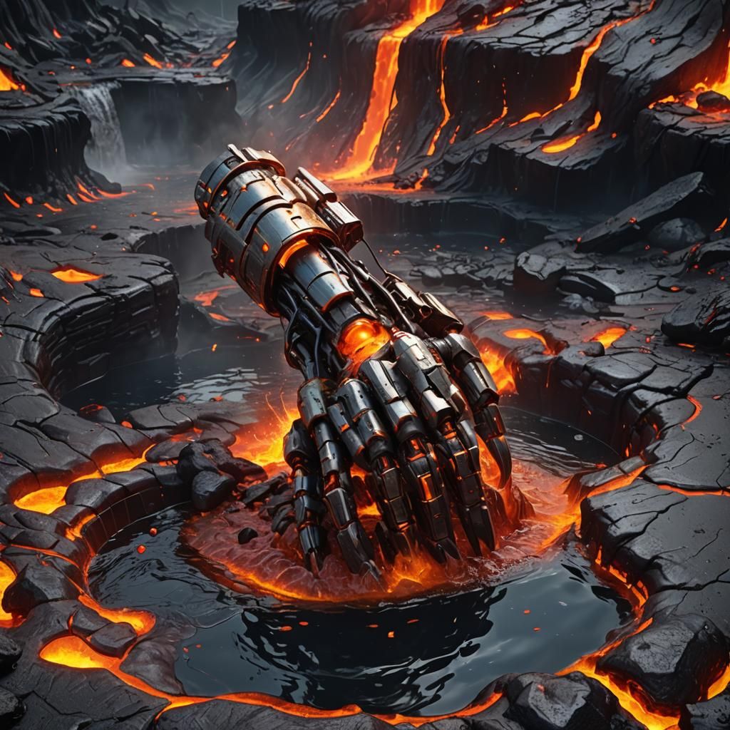 Robotic Arm Melts in Lava: Detailed Fantasy Art