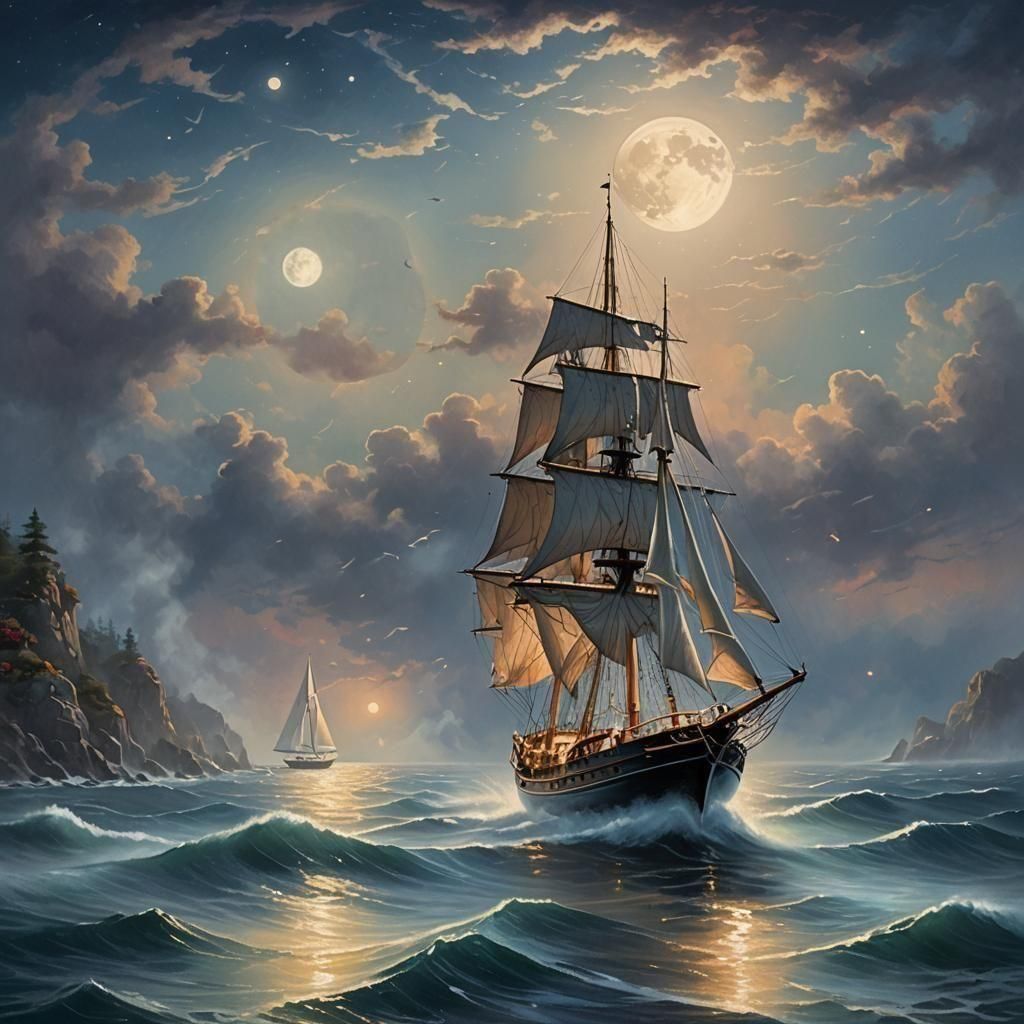 Ethereal Sailboat on Moonlit Ocean in Fantasy Style