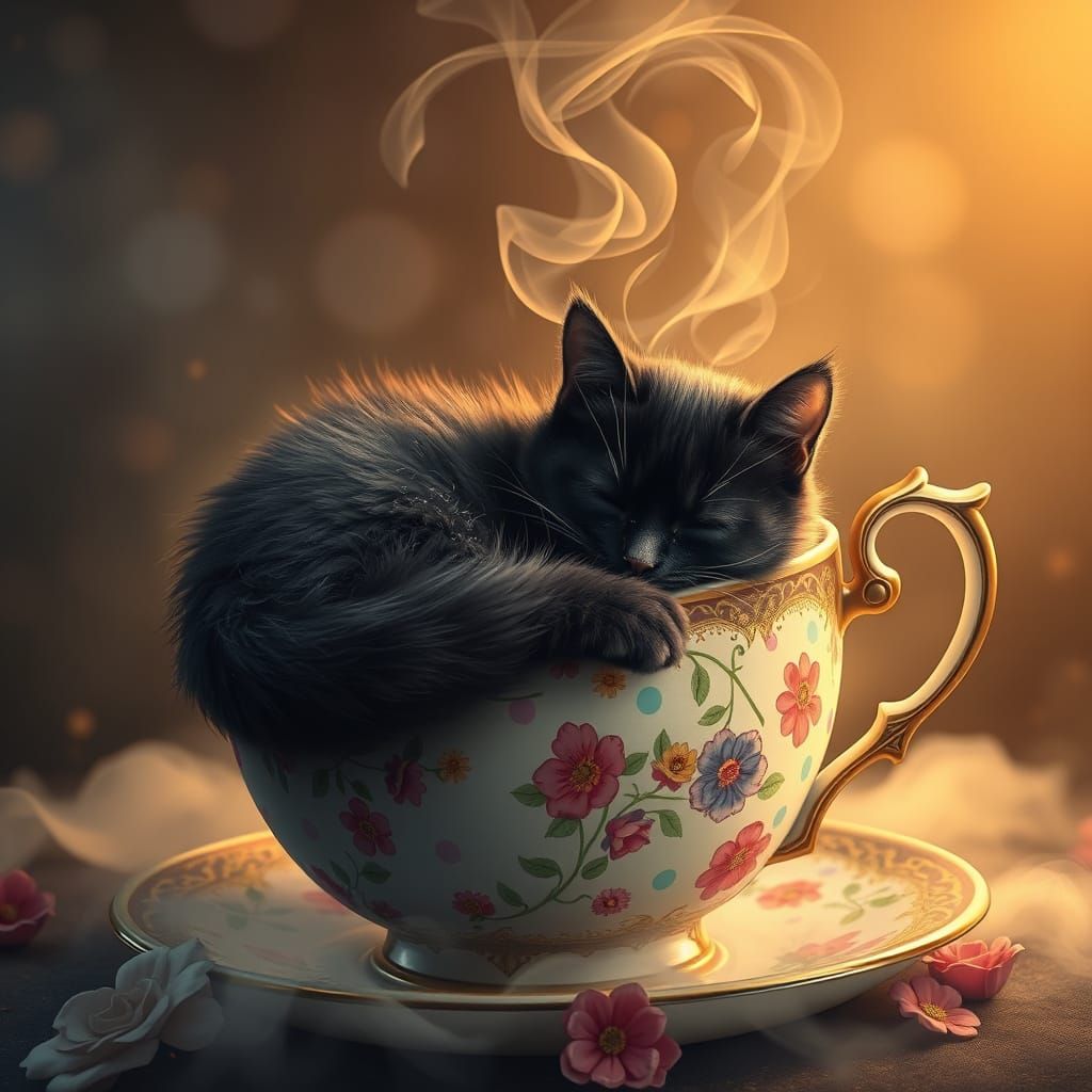 Polka Dot Cat Asleep in Teacup, Cosmic Art