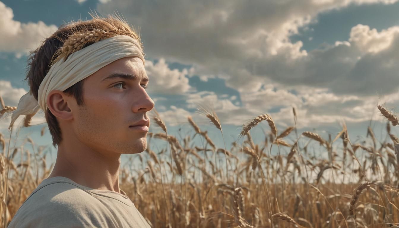 Athlete in Wheat Field: Dreamy Surrealist Art